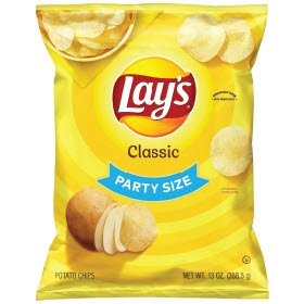 A party-size yellow bag of Classic Lay's Potato Chips on a white background.
