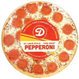 A package of Dierbergs Pepperoni Pizza on a white background.