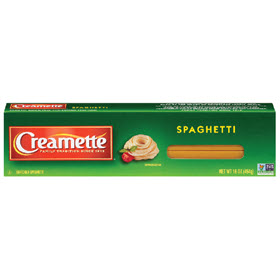 A green box of Creamette Spaghetti on a white background.