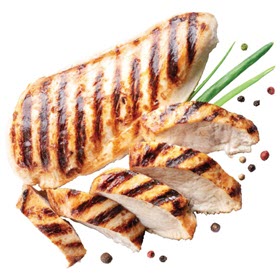 Two Just Bare Chicken Boneless Breasts shown grilled and one cut into slices on a white background.