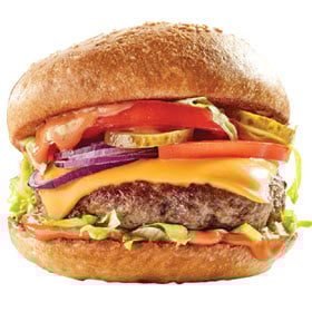 A cheeseburger with all the fixings made with Dierbergs Butcher Shop 80% Lean Ground Chuck.