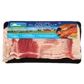 A package of Farmland Sliced Bacon on a white background.