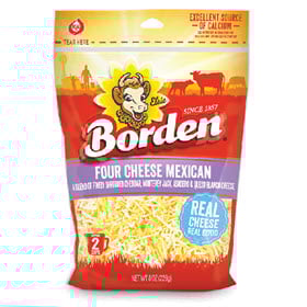 A package of Borden Shredded Mexican Cheese on a white background.