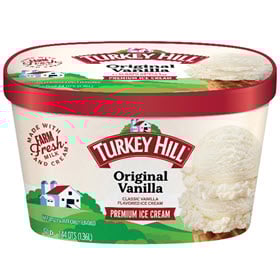 A tub of Turkey Hill Original Vanilla Ice Cream on a white background.
