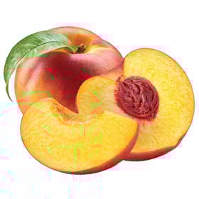 Georgia Peaches--one whole, one cut in half and one wedged--on a white background.