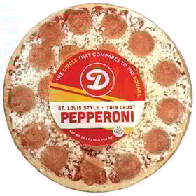 A package of Dierbergs Pepperoni Pizza on a white background.