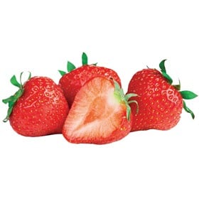 Four red ripe Driscoll's Strawberries, one sliced in half, on a white background.