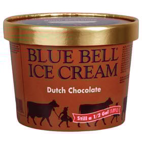 A tub of Blue Bell Dutch Chocolate Ice Cream on a white background.
