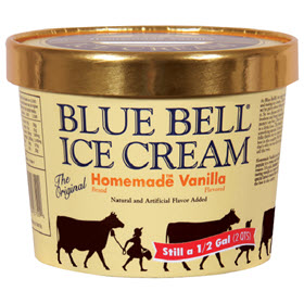 A tub of Blue Bell Homemade Vanilla Ice Cream on a white background.