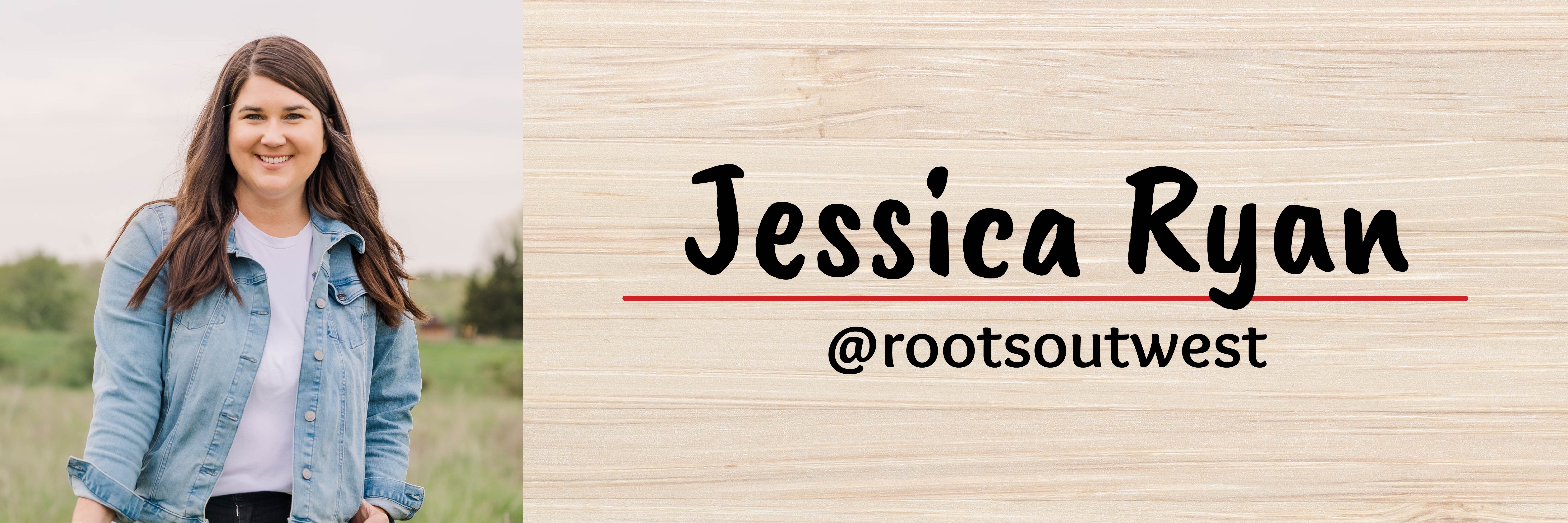 A photo of Jessica Ryan, a woman with long dark hair, wearing a denim shirt over a white t-shirt while standing in a farm field and smiling for the camera.