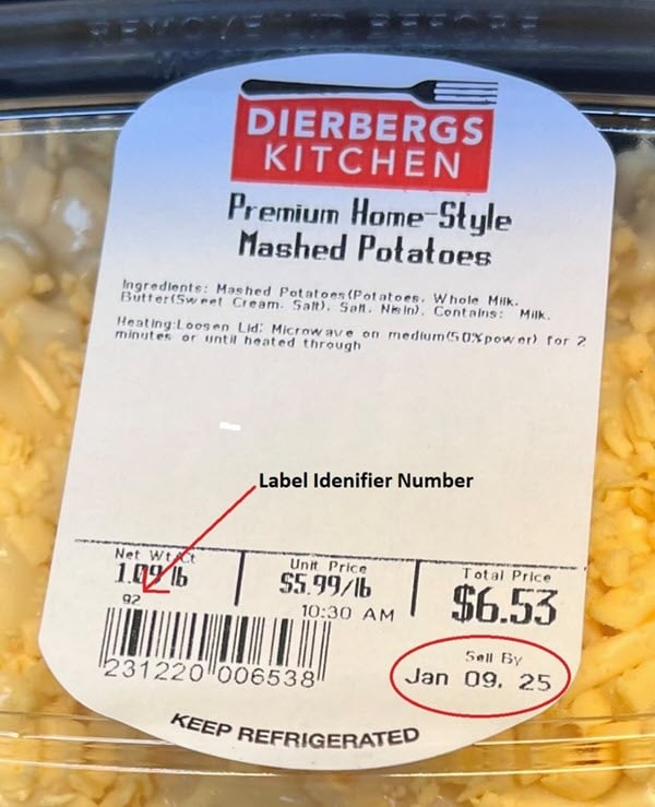 Dierbergs Kitchen Premium Home-Style Mashed Potatoes label showing recall date, UPC and identifier number.