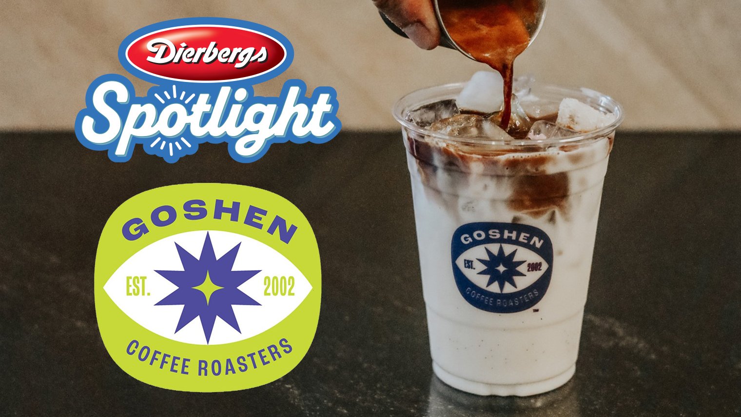 Dierbergs Spotlight image showing a cup of Goshen Coffee with chocolate cream being poured into it.