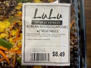 A close-up on the LuLu Chinese Express Korean Noodles with Vegetables label involved in the voluntary recall.